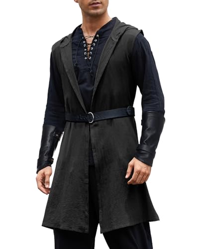 Century Star Renaissance Costume Men Medieval Ren Faire Knight Viking Hooded Cloak Pirate Vest Surcoat Tunic Shirt Holloween Cosplay Black XX-Large