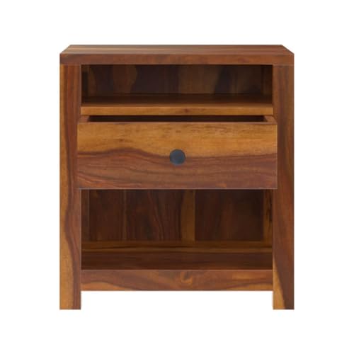 Image of Solid Sheesham Wood Bedside Table for Bedroom | Handmade Pure Wooden Bed Side Nightstand End Table with 1 Drawers & 2 Open Shelf Storage for Home & Bed Room | Rosewood, Brown
