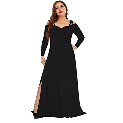 ZIPSAK Women's Cold Shoulder Maxi Dress Long Sleeve Side Slit Casual Long Dress V Neck Ruched Evening Party Maxi Dress Black