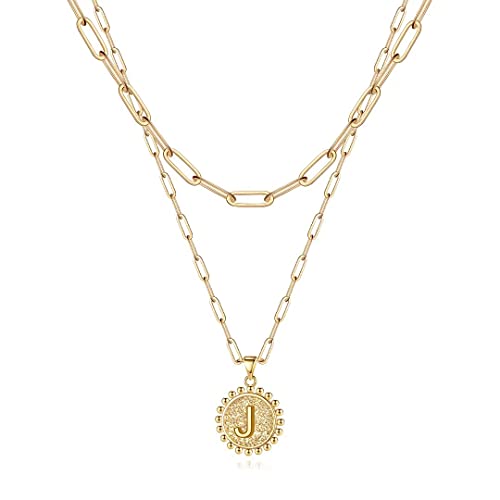 Ursteel Layered Choker Necklaces for Women, 14K Gold Plated Dainty Layering Paperclip Chain Necklace Adjustable Letter J Initial Coin Pendant Necklaces Layered Gold Necklaces for Women Jewelry Gifts
