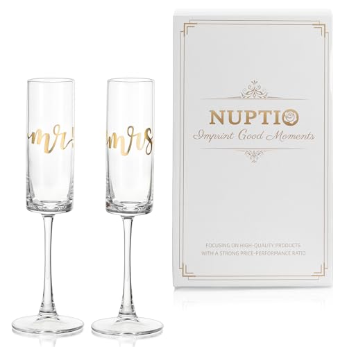 NUPTIO Verre Champagne Cadeau Mariage: Ensemble de 2 Mr Mrs Or Flute Personnalisé Couple Idee Anniversaire Noel Amoureux Couples Valentin Jeune Femme...