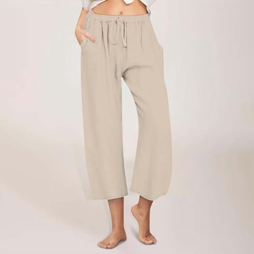 Capri Pants for Women Drawstring Elastic High Waist Cotton Linen Pants Summer Casual Wide Leg Lounge Capris2