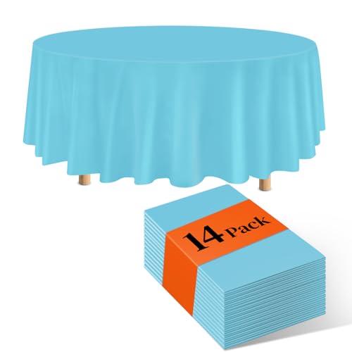 Image of Light Blue 14 Pack 84 Inch Plastic Tablecloths, Disposable Round Plastic Tablecloth, Party Table Cover Plastic Table Cloth