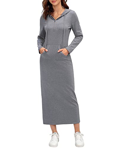 Image of MISSKY Women Casual Pocket Quarter-Zip Neck 3 /4 Sleeve Slim Split Pullover Hoodie Maxi Dress