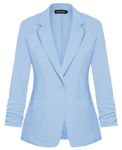 MINTLIMIT Womens Casual 3/4 Sleeve Blazer Lapel Button Pockets Suit Jacket Blazers for Work Office, Light Blue, L