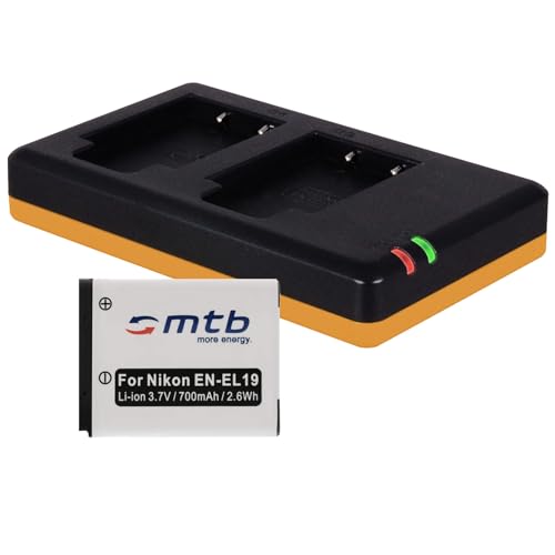 Batería + Cargador Doble (USB) EN-EL19 para Nikon Coolpix S2700, S2800, S2900, S3100, S3300, S4150, S4300, S5200, S6400, S6900... - v. Lista