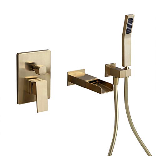 Holiday Deals ๐ Homary Waterfall Bathtub Faucet with Handheld Shower Wall Mounted Bathtub Spout Bathroom Tub Fillers in Brushed Gold Finish, Solid Brass Holiday Deals ๐ Homary Waterfall Bathtub Faucet with Handheld Shower Wall Mounted Bathtub Spout Bathroom Tub Fillers in Brushed Gold Finish, Solid Brass
