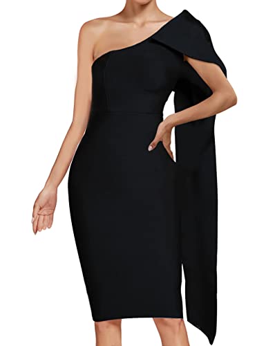 Image of UONBOX Women's One Shoulder Bowknot Long Sleeve Bodycon Knee Length Club Party Bandage Dress