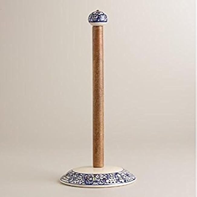 Paper Towel Holder Paper Towel Stand Paper towel Dispenser Wooden and Ceramic Blue and White HAND CRAFTED AND HAND PAINTED NORTHERN AFRICAN DESIGN.
