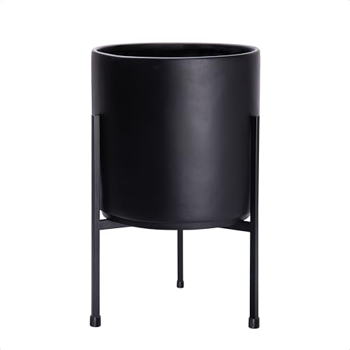 D'vine Dev Modern Black Plants Pot Cylinder Planter with Heavy Duty Stand, Medium 10 Inch Pot, 16.3 Inch with Stand Height, 96-T-B-2