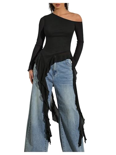 Milumia Women's Off One Shoulder Mesh T Shirt Y2K Asymmetrical Ruffle Trim Long Sleeve Tee Tops