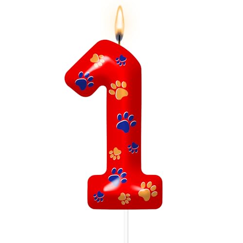 Dog Paw Themed Birthday Candle Number 1 Red Dog Paw Candle Birthday Party Decoration Cake Topper for Reunions Theme Party Supplies (Number 1)