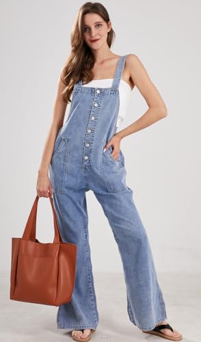 CHARTOU Casual Denim Jumpsuit for Women Overalls Wide Leg Jumpsuit Jeans Denim Bib Overalls Dungaree Pockets (Small,Light blue)