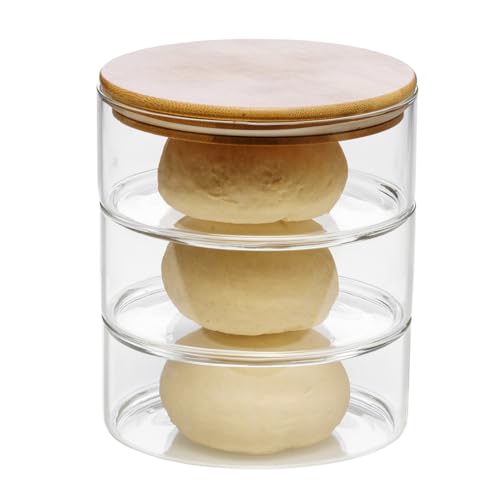 Forneza Gärglas Sauerteig Starter Set für Pizza- und Brothefe I 3-Kammer-Lebensmittelbehälter für Teig I Behälter für Pizzateig mit Holz Deckel I Pizzateigbehälter