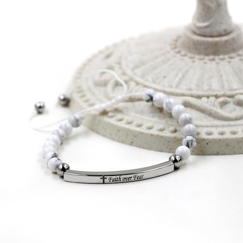 Image of Yongxu Unisex Onyx Beaded Bracelet with Adjustable Length - Features Faith and Fearlessness Engraving, Cross Symbol, and Metal Accents - Versatile Gift for Any Event