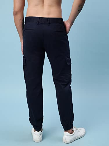 Image of Veirdo Cotton Spandex Non-Elasticated Mid Rise Navy Blue Ankle Length Joggers for Men (VJR0223NYCT016)