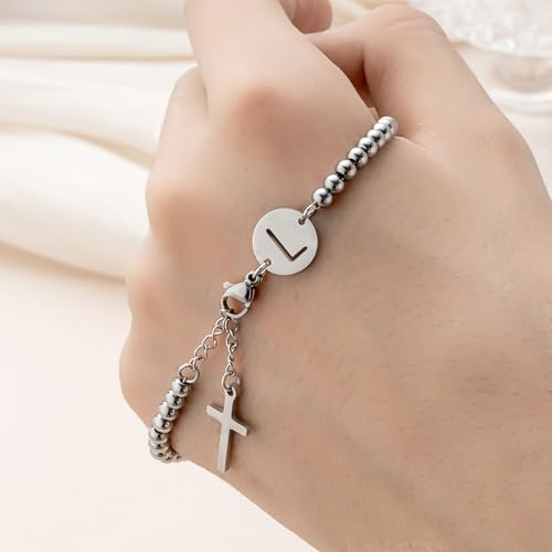Initial Cross Silver Bracelets for Women Trendy, Initials Cross Charm Beaded Bracelet, Christian Gifts for Women, Baptism Confirmation Christmas Inspirational Gifts for Mom Daughter Friend Sister2
