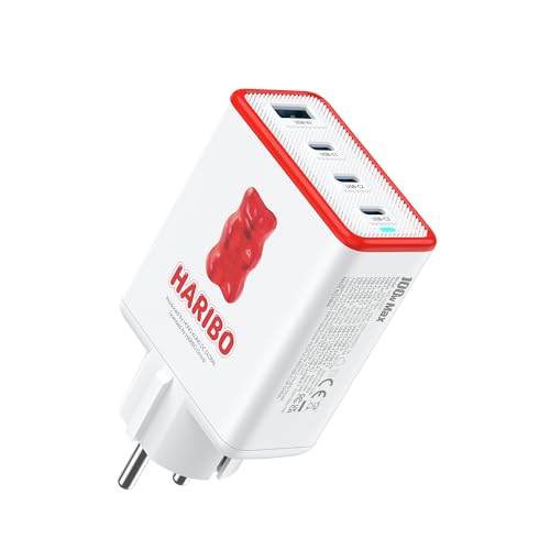 HARIBO 100W USB C Ladegerät 4-Port Netzteil USB-C Schnellladegerät PD PPS für MacBook Pro/Air, für iPhone 17/16 Pro, Galaxy S25/S24, für HP/Lenovo/Acer/Lpatop, Sicherheit Stecker mit Erdung, Rot