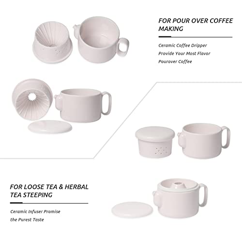 Globe Faith Ceramic Pour Over Coffee Maker Set With Lid, Porcelain Coffee Dripper & Decanter, Additional Function For Pottery Teapot With Infuser For Teas Making,18 Oz Single Serve, Pale Pink #TOP1