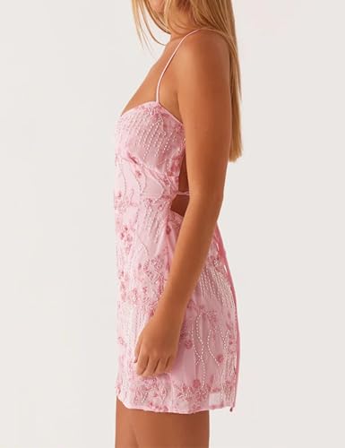 Sexy Sparkly Sequin Mini Dress for Women Sleeveless Halter Open Back Strap Party Club Cocktail Bodycon Short Outfits Pink2