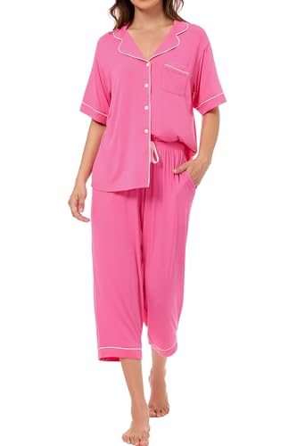 Image of LUBOT Womens Bamboo Viscose Pajamas for Women PJ Set 2 Piece Cooling Soft Short Sleeve Capri Pants Summer Sleepwear Set S-XXL