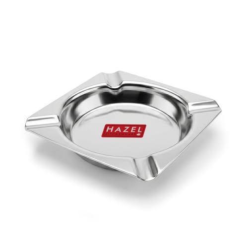 Image of HAZEL Square Stainless Steel Ash Tray | Heavy Duty Smoke Ashtray with 4 Cigarette Holders | Compact 10.7 cm Metal Ashtray for Home, Office & Outdoor Use
