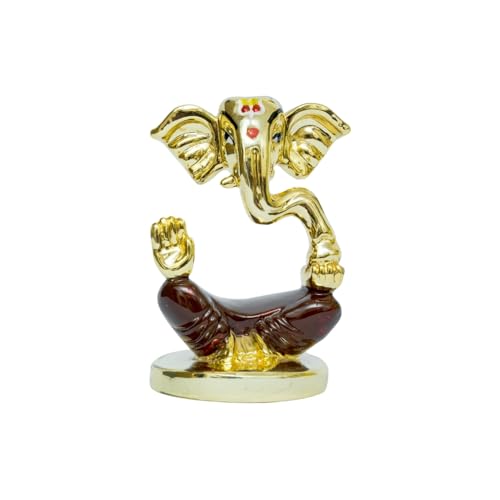 Image of Gold Plated Divine Ganesha | Brown & Gold Ganpati Idol for Car Dashboard, Office Desk & Home Temple | Prosperity & Protection|Travel-Friendly |Good Luck & Blessings| Height 1.9 Inch