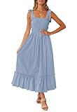 ZESICA Women's 2024 Summer Boho Spaghetti Strap Square Neck Solid Color Ruffle A Line Beach Long Maxi Dress,Blue,Medium