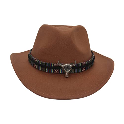 Image of Women Men Faux Felt Western Cowboy Hat with Ox Head Belt Buckle Mexican Cowgirl Wool Hat Newsboy Top Cap Wide Brim Fedora