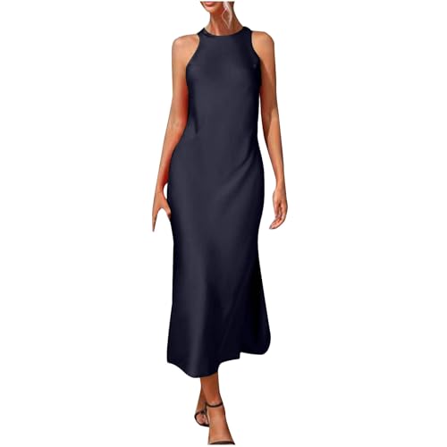 Satinkleid für Damen, Sommer, lässig, schmal, Neckholder, ärmellos, Schlitz, Midi-Kleid, elegant, Hochzeitsgäste, Seidenkleid, dunkelblau, S