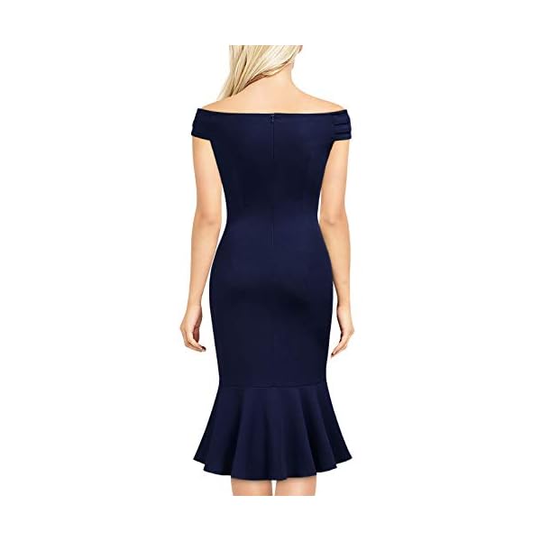 Knitee Women's Off Shoulder V-Neck Ruffle Pleat Waist Bodycon Evening Cocktail Slit Formal Dress (Navy Blue, Large)