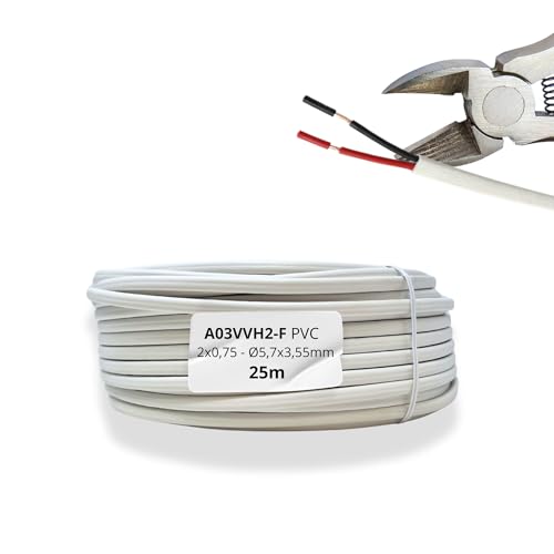 HALOTEC 25 Metros Cable Manguera Plana PVC 2x0,75 mm² Blanco interiores ROJO-NEGRO| Tipo 03VVH2-F | Cable Doble de Cobre Flexible | Cordón Eléctrico Redondo para Iluminación LED.