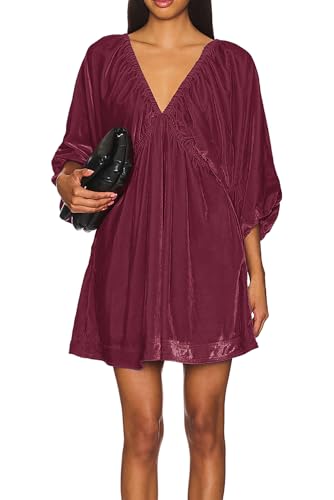 R.Vivimos Womens Fall Velvet Tunic Dress 2025 Trendy Sexy Deep V Neck 3/4 Sleeve Elastic Waist Loose Mini Dress with Pockets