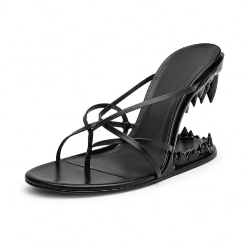 Wedge Sandals for Women, Metallic Shark Teeth Statement Heels​ (Black,5)