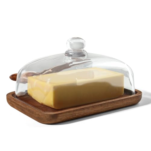 Guolich Burriera con coperchio e coltello 250g , Porta Burro da Frigorifero con Base in legno di Acacia e Vetro con Coperchio, porta formaggio, Portaburro per Conservare Torte, Snack, Colazione
