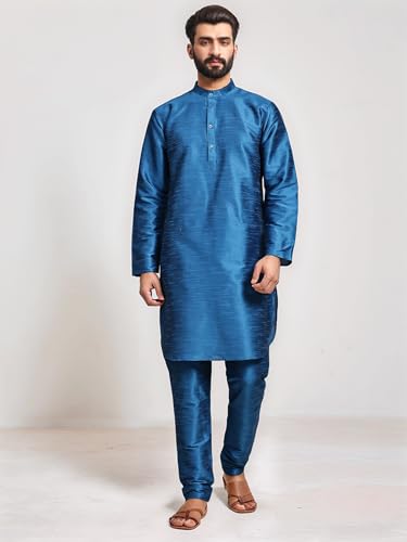 Image of SKAVIJ Men's Art Silk Solid Kurta Pyjama Set Festive Woven Design 2-Piece Ethnic Dress (KP055turquoise Turquoise L)