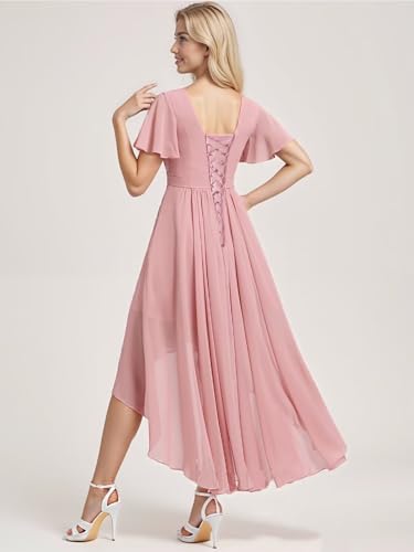 Xijun Women's High Low Chiffon Bridesmaid Dresses Short V Neck Formal Dress Ruffle Sleeves Evening Party Gowns4