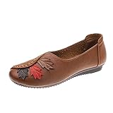 Yowablo Damenschuhe Ethno-Stil Kleine Lederschuhe Flache Blattstickerei Retro Einzelne Schuhe Freizeitschuhe Vegane Schuhe Damen