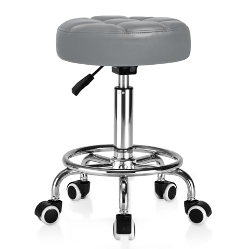 Image of Rolling Stool PU Leather Round - Ultra Soft Padded Seat Cushion Stool with Wheels with Footrest, Weight Capacity 300lb,Adjustable Height Stool for Tattoo Massage Salon Medical Spa Center (Grey)
