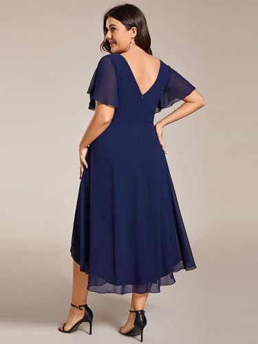 Ever-Pretty A Line V Neck Chiffon Short Sleeves High Low Knee Length Plus Size Wedding Guest Dresses for Curvy Women 01923-DA2