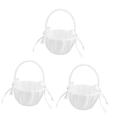 Ciieeo 3pcs Flower Girl Basket Satin Wedding Faux Pearl Decorative Bowknot Present