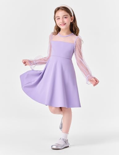Girl's Contrast Mesh Puff Long Sleeve Girls Fall Dresses High Waist A Line Casual Party Wedding Dress 5-14 Years4