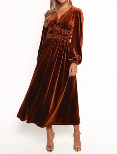 ZAFUL Womens Long Sleeve Velvet Dress 2025 Fall V Neck Holiday Cocktail Party Semi Formal Midi Dresses for Wedding Guest4