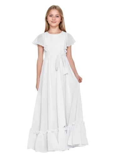 Junior Bridesmaid Dress Chiffon Flower Girl Dress for Wedding Teens Ruffle Sleeve Formal Party Pageant