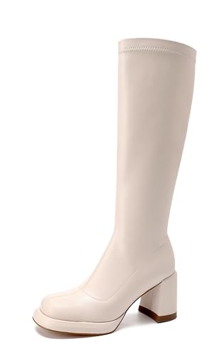 Women's Chunky Platfrom Block Heel Round Toe Shoes Side Zipper Soft Comfortable Stretched Black Matte PU Leather Sexy Knee High Boots