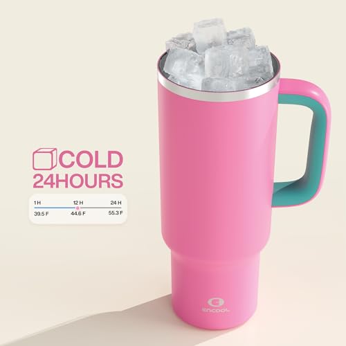 Image of ENCOOL 40 oz Tumbler with Handle and Straw: Stainless Steel Insulated Tumbler Keeps Cold for 24 Hours, Leakproof Travel Cup Fits in Cup Holder and BPA-Free,Light Crimson