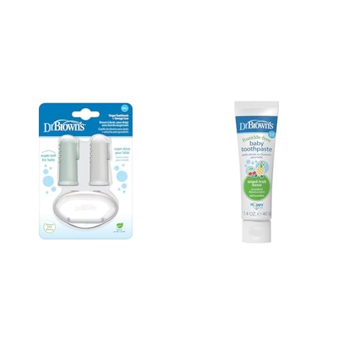 Image of Dr. Brown's Silicone Finger Toothbrush for Baby with Travel-Storage Case, 3m+, Gray and Light Green & Fluoride-Free Baby Toothpaste,Infant & Toddler Oral Care,Mixed Fruit,1-Pack,1.4oz/40g