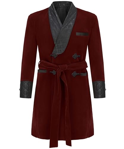 Apornipal Mens Velvet Smoking Jacket Quilted Lapel Double Breasted Long Coat with Belt for Dinner Wedding Cosplay Party (Burgundy 44R)