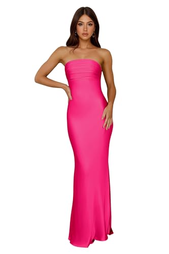 MIRUXIA Strapless Ruched Bridesmaid Dresses for Women Satin Mermaid Long Formal Party Ball Gown Hot Pink US2