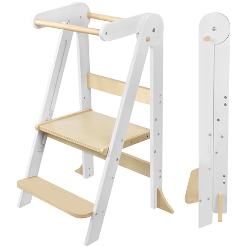 Image of Foldable Toddler Step Stool for Kitchen - Adjustable Wooden Kitchen Helper with Safety Rail & Anti-Tip Feet, Montessori Counter Standing Tower for Kids 2-6 Years (White)
